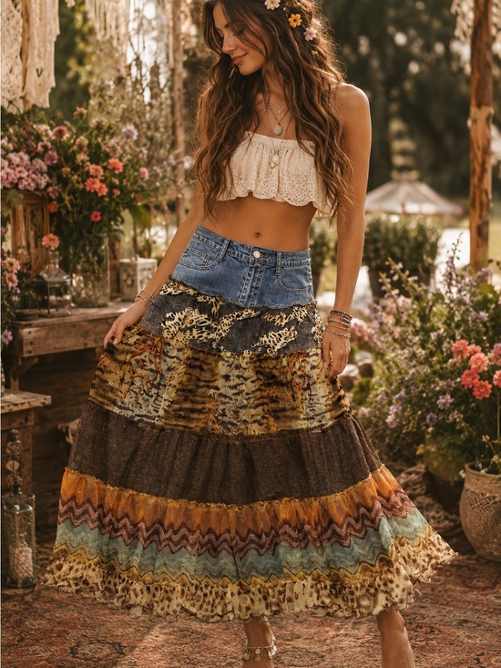 American Vintage Dresses & Skirts - Rare Milana Patchwork Animal Print Boho Maxi Skirt | Denim Waist | Size 4